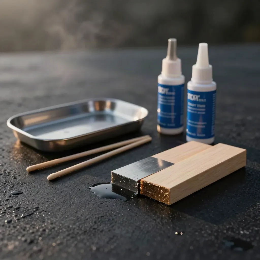 Epoxy kit, mixing tray, stir sticks, and bonded wood-steel samples on a dark studio surface.