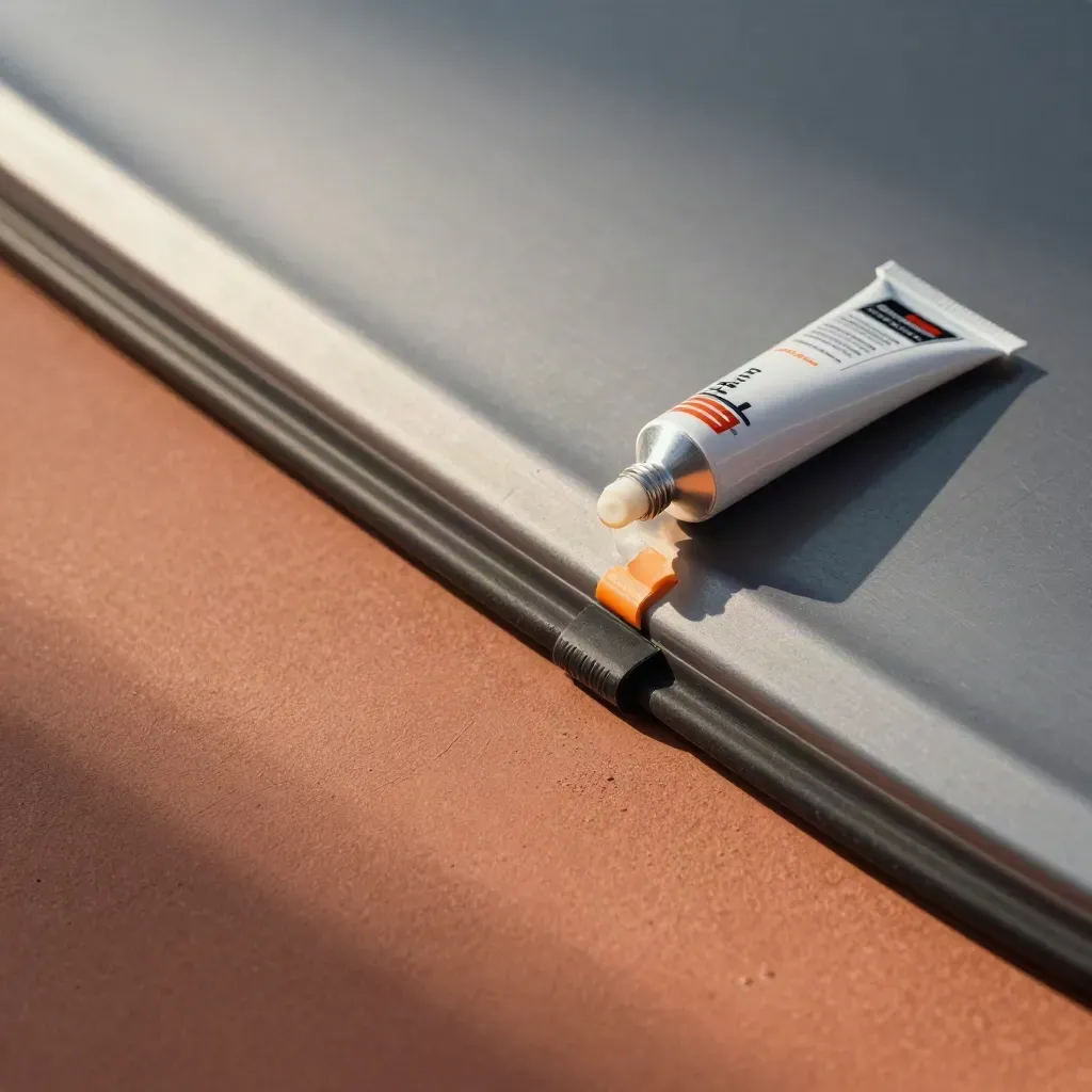 Auto trim adhesive tube, emblem plate, panel edge and rubber strip on terracotta concrete with orange reflection