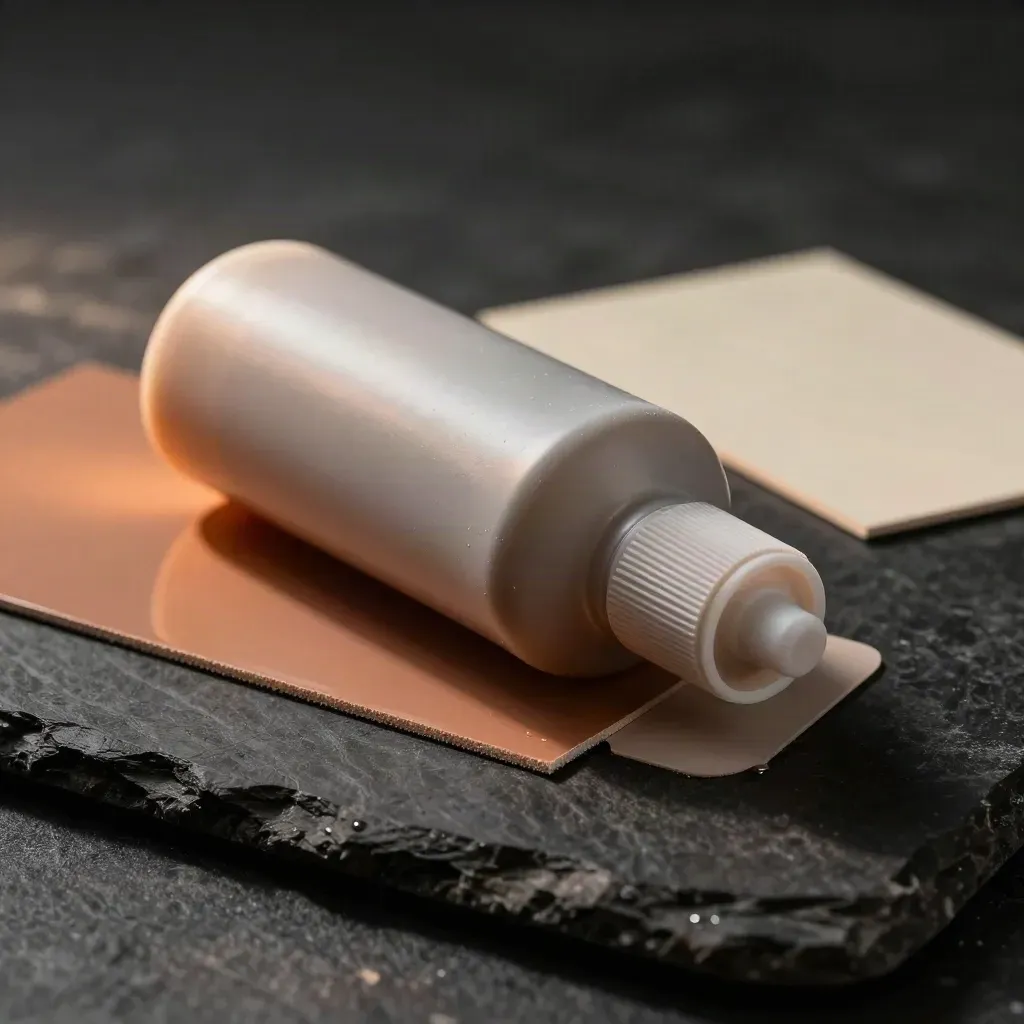 Unbranded plastic bond primer bottle beside scuffed plastic tabs and a sanded sample on a dark studio slab.