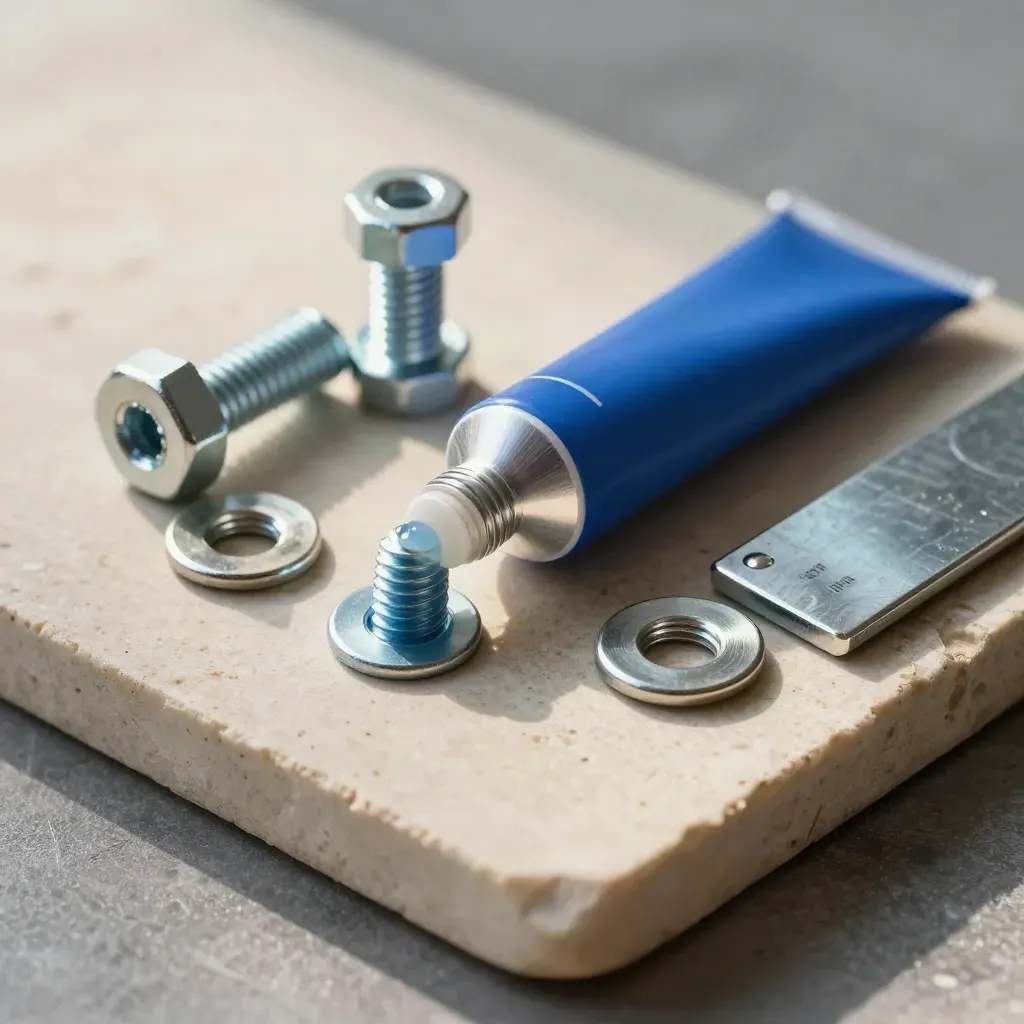 Blue thread lock gel tube with bolts, washers and a threaded steel plate on stone.