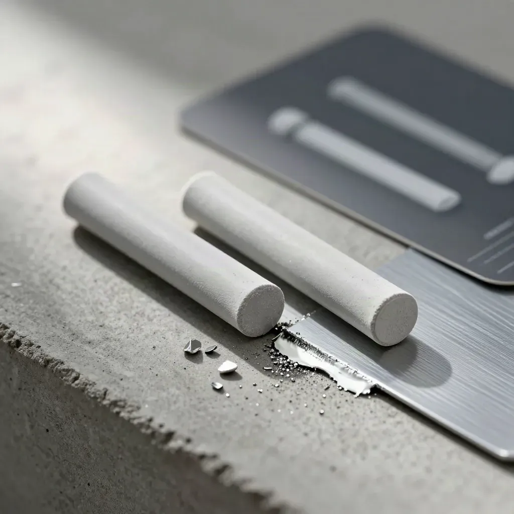 Aluminum repair putty sticks, metal chips, and a repaired seam sample on concrete