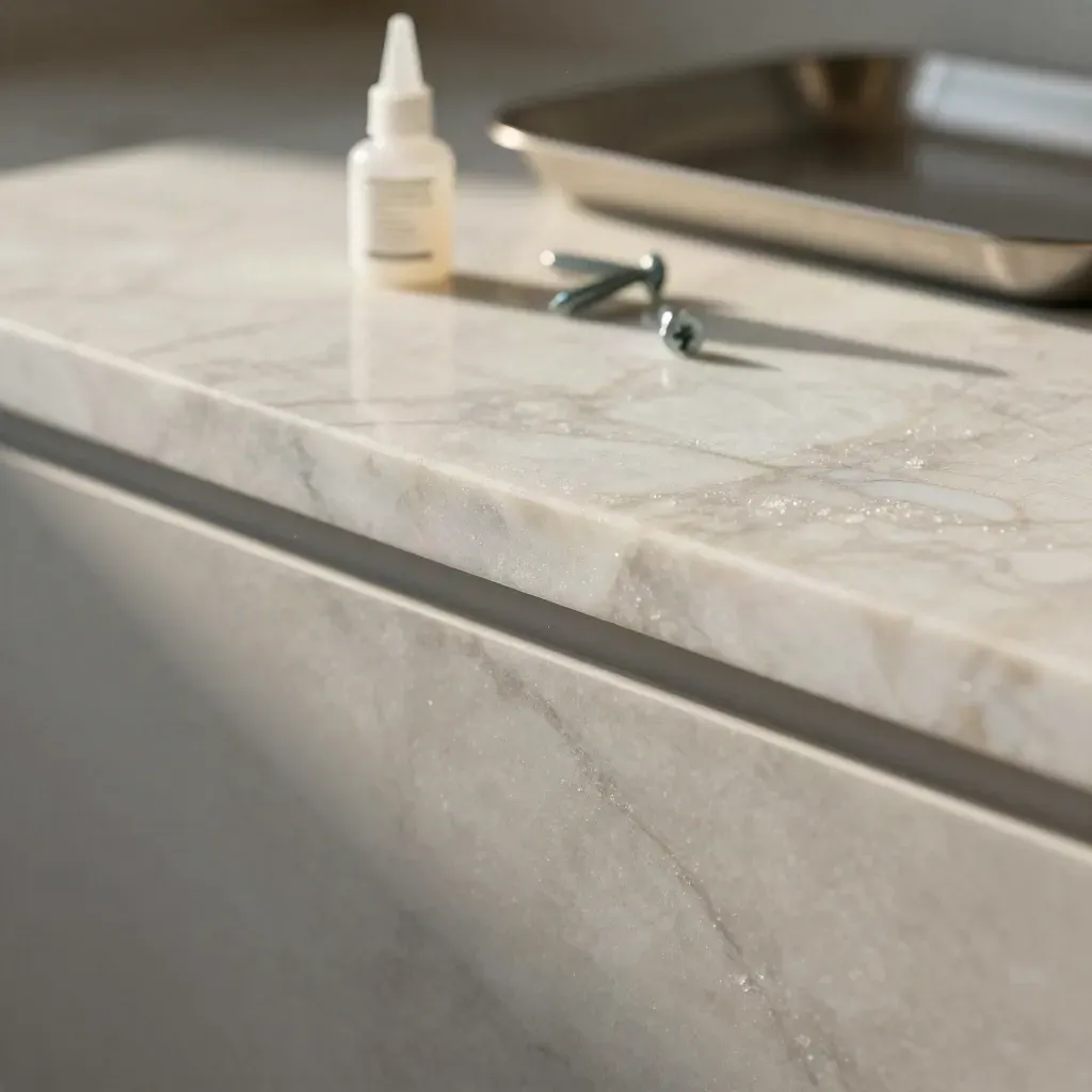 Sunlit marble surface with tiny glue bottle silhouette, screws and brushed tray above calm copy space.