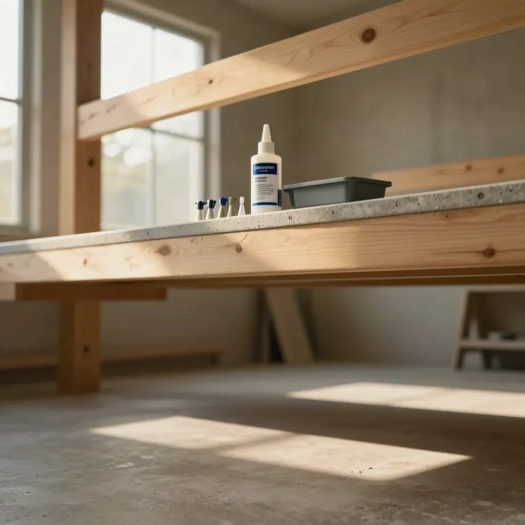 Sunlit concrete epoxy workshop with kit case and calm copy space below